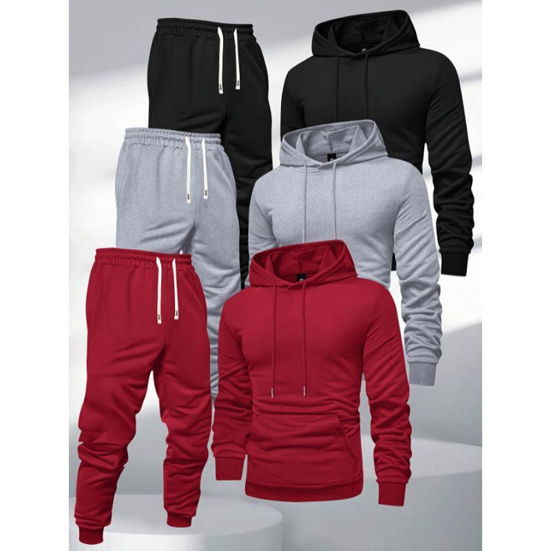 Set aus Kapuzenpullover und Jogginghose für Herren, Sportanzug aus Polyester, einfarbig, langärmelig, leicht dehnbarer Strickstoff