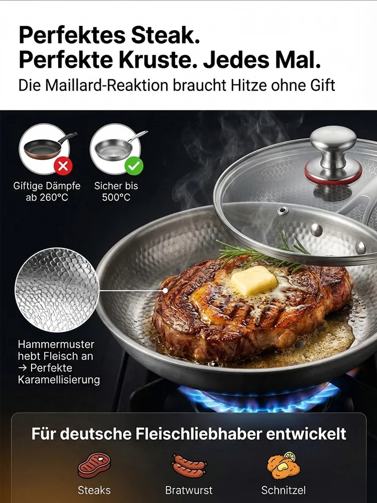 🍳 Verdickte flache Bratpfanne aus reinem Titan, ohne Beschichtung, Boden verformt sich nicht