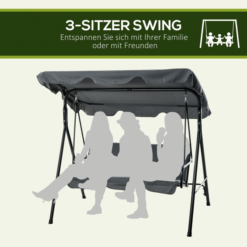 Outsunny Hollywoodschaukel mit Sitzpolster, 3-Sitzer Gartenschaukel mit verstellbarem Sonnendach, Schaukelbank belast bis 240 kg, für Garten, Terrasse, 172 x 110 x 153 cm