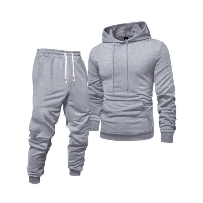 Set aus Kapuzenpullover und Jogginghose für Herren, Sportanzug aus Polyester, einfarbig, langärmelig, leicht dehnbarer Strickstoff