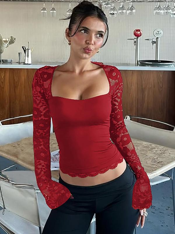 👚 60% RABATT! 🌸 Einfarbiges Damen-T-Shirt – Spitzenblumenmuster, Gesplittete Rüschen & Transparente Ärmel für Romantischen Look ✨