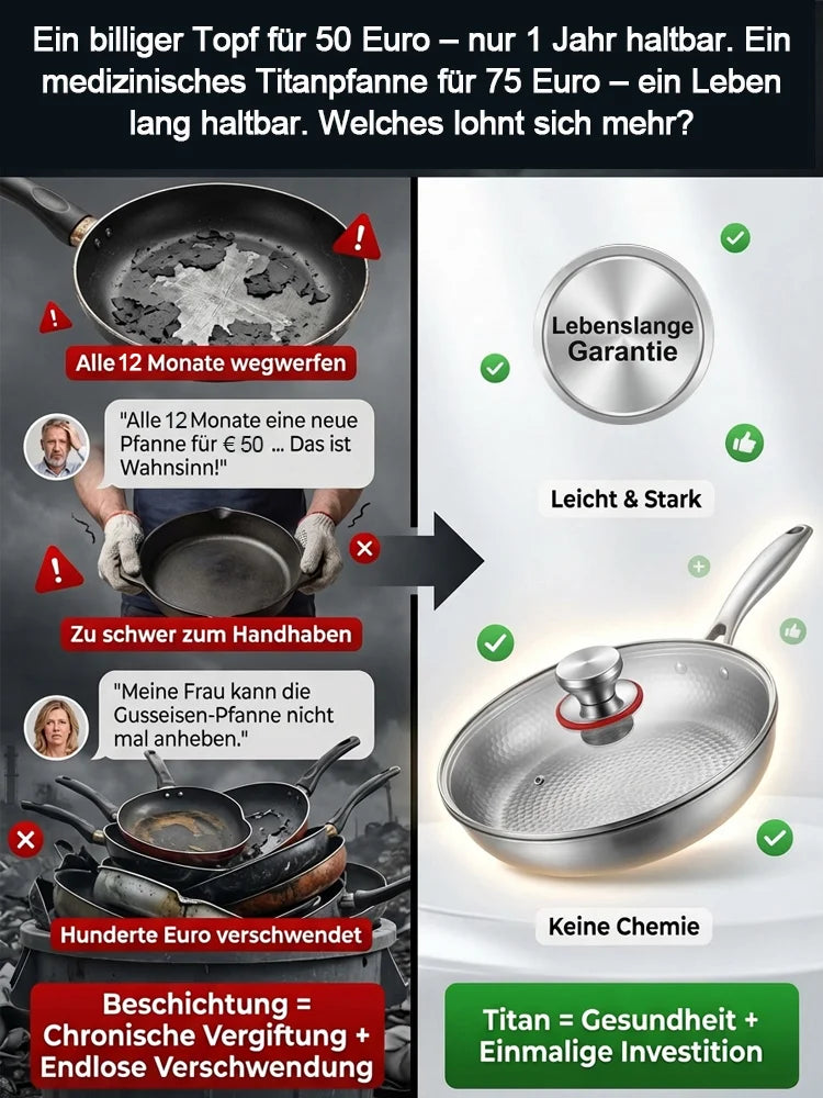 🍳 Verdickte flache Bratpfanne aus reinem Titan, ohne Beschichtung, Boden verformt sich nicht