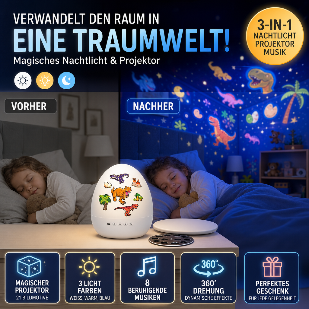 🔥 Heute -50 %! 🦕🦕🥚 Dino-Ei-Nachtlicht-Projektor mit Musik – Timer, 360° drehbar – magisches Kinderzimmer! ✨