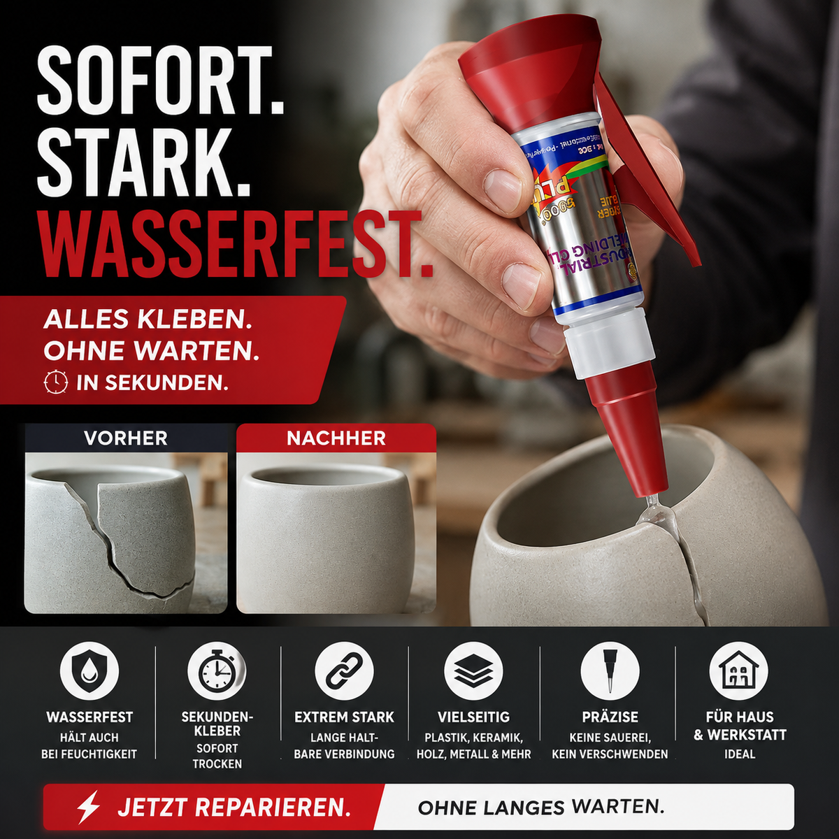 Wasserfester, schnell trocknender Allzweck-Sekundenkleber