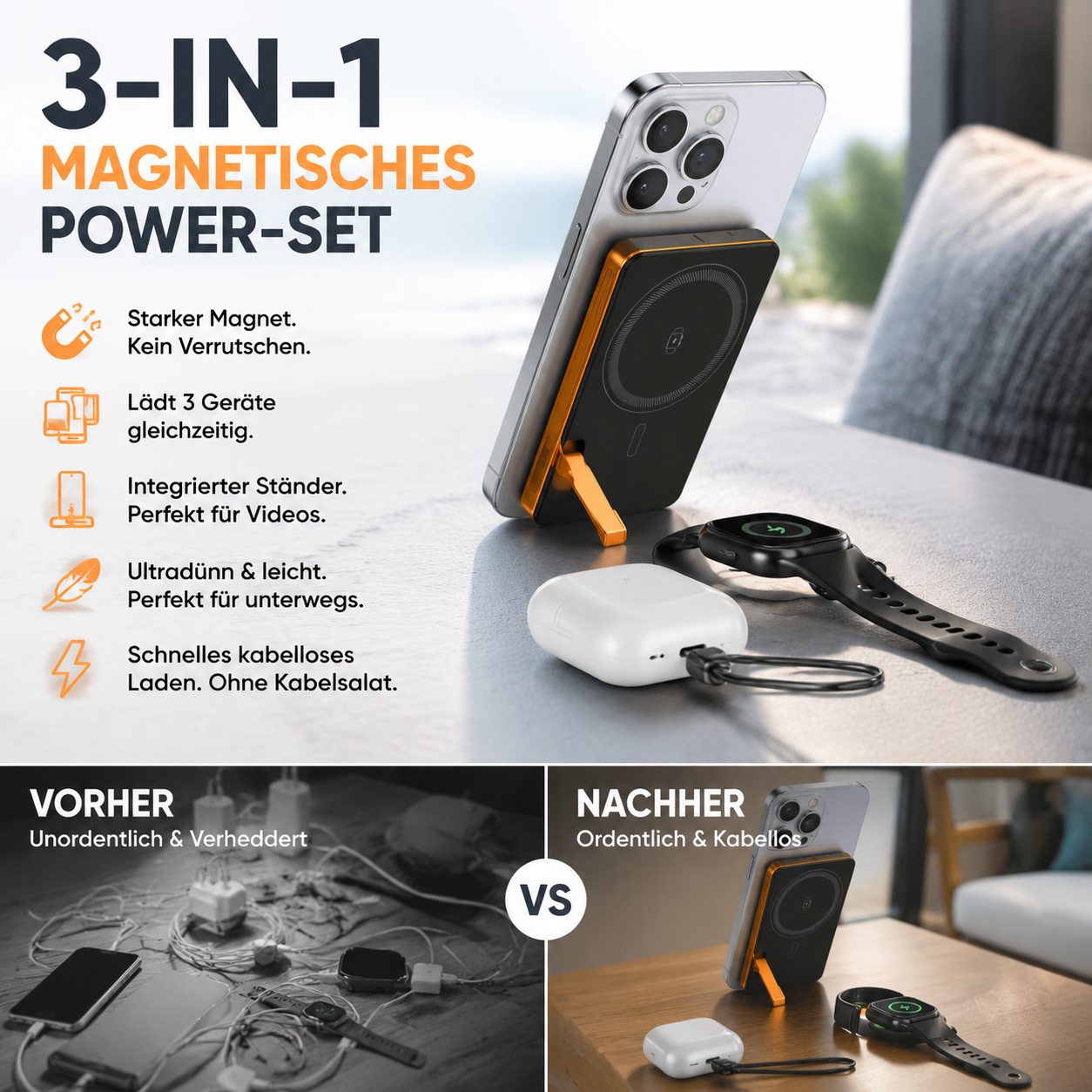 🔋 NUR FÜR BEGRENZTE ZEIT: 50 % RABATT! ✨ 3-in-1-Magnet-Ladegerät für unterwegs – kabellos, mit integriertem Ständer, schlank 🍃