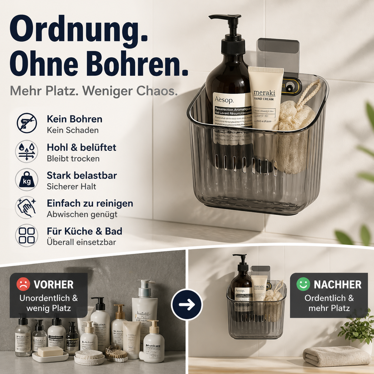 Wandaufhängbarer Aufbewahrungskorb für Küche und Bad