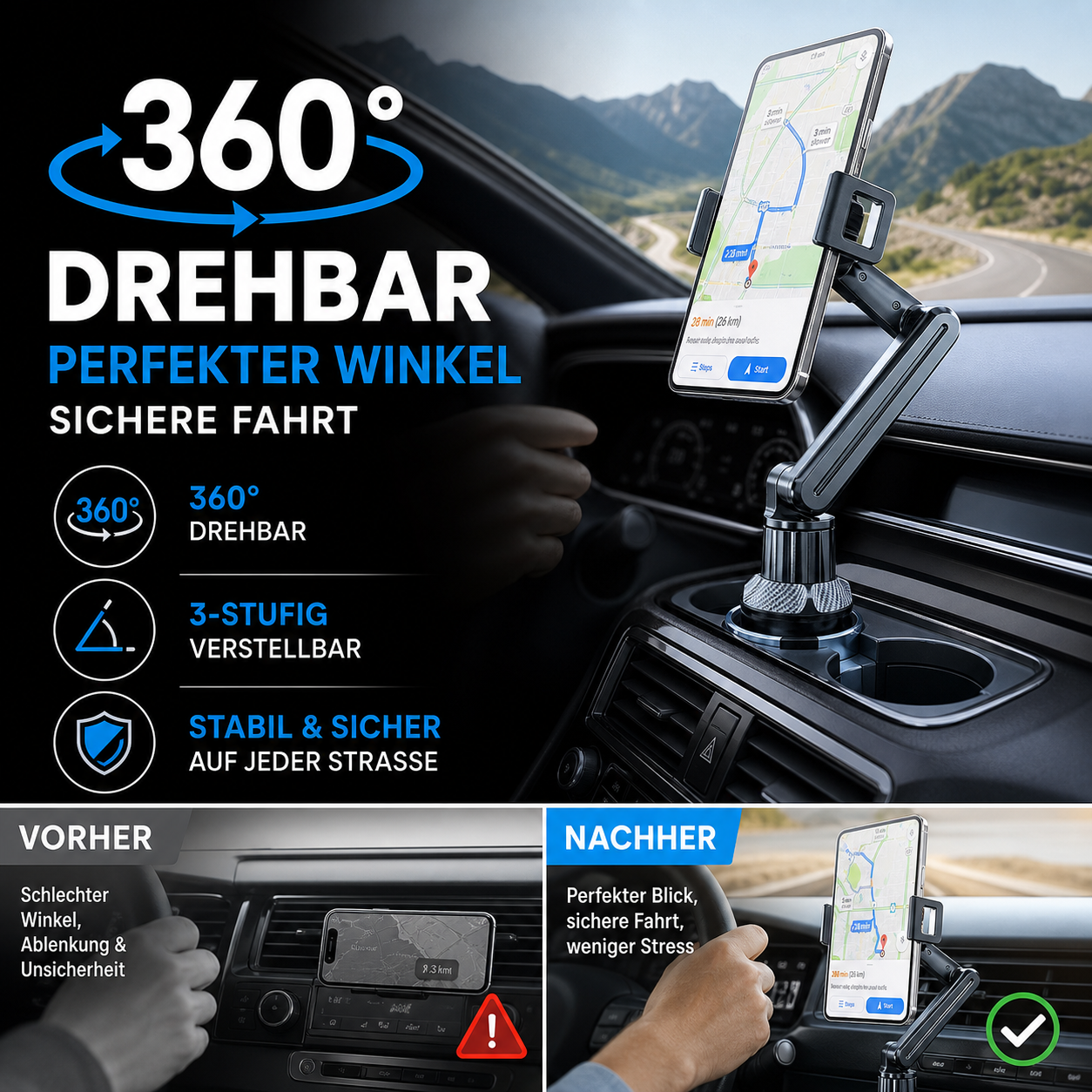 360° drehbare und verstellbare Autohalterung für Trinkbecher