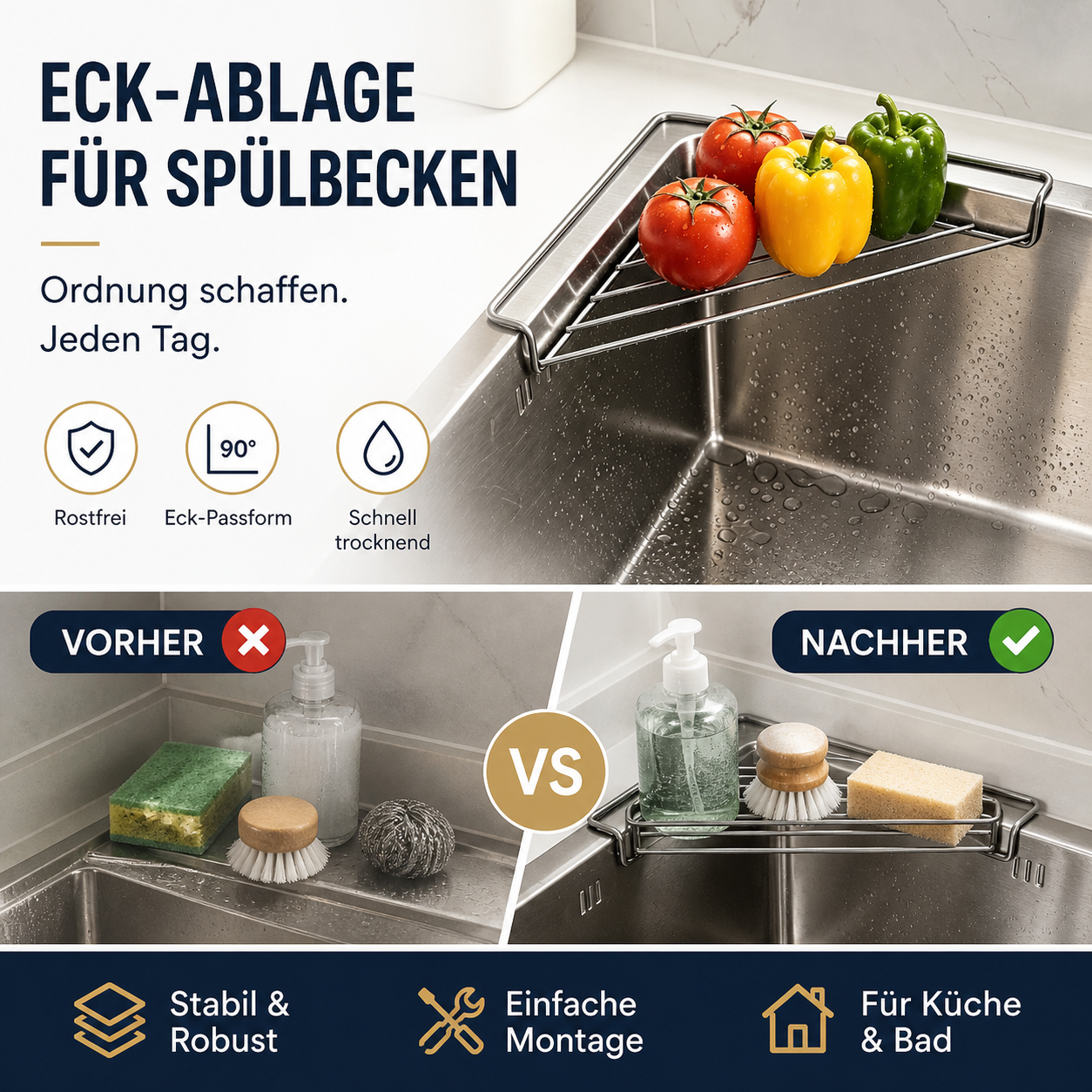 💧45% Rabatt 🥣Edelstahl-Ablage für Eckspülbecken