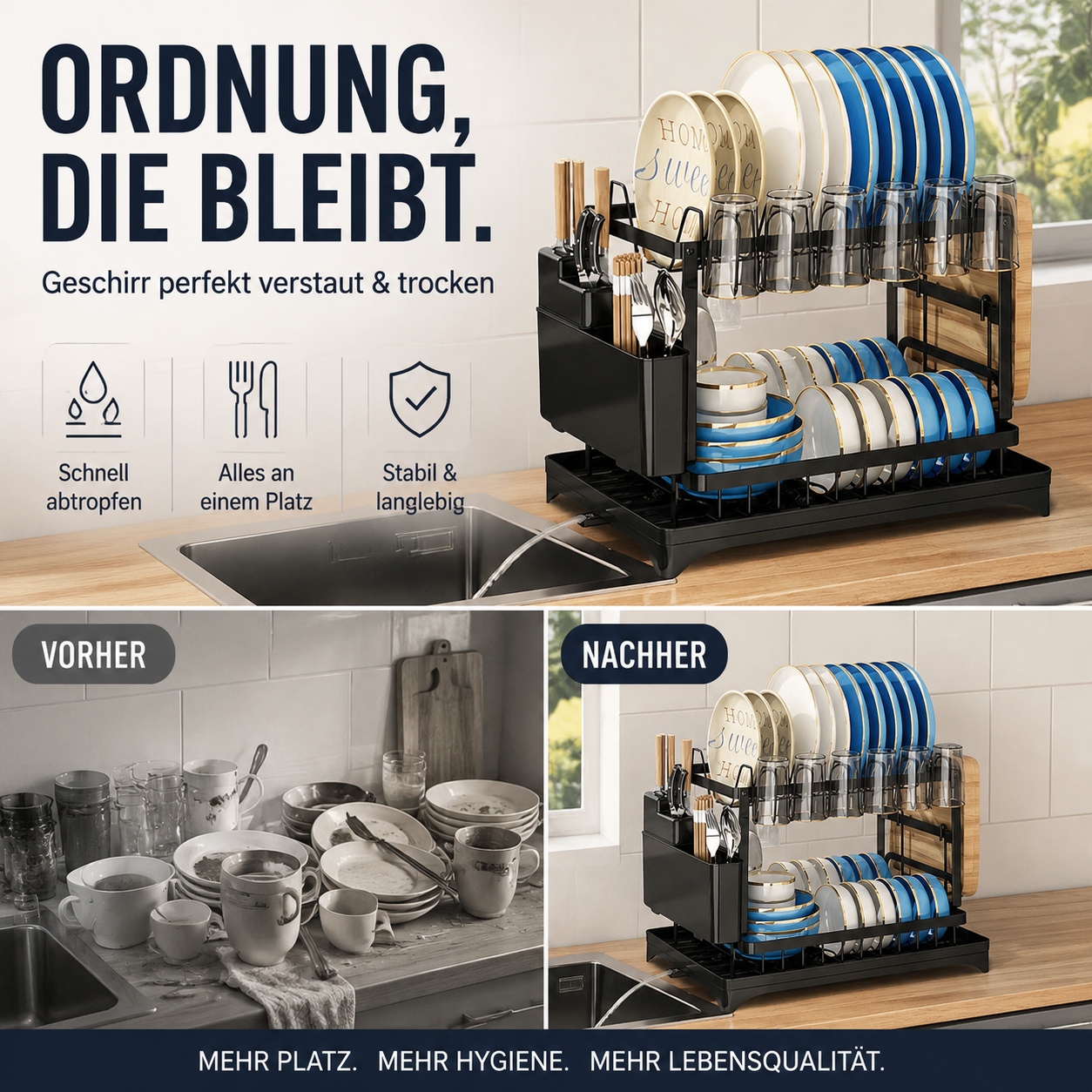 🍽️💧 50% RABATT!! 2-in-1 Geschirr-Abtropfregal mit Ablaufschale – Maximale Fläche, minimaler Platz, schnell trocken ⚡⏰