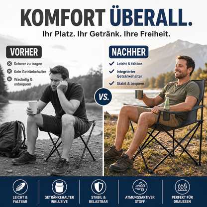 Tragbarer, zusammenklappbarer Campingstuhl mit Getränkehalter