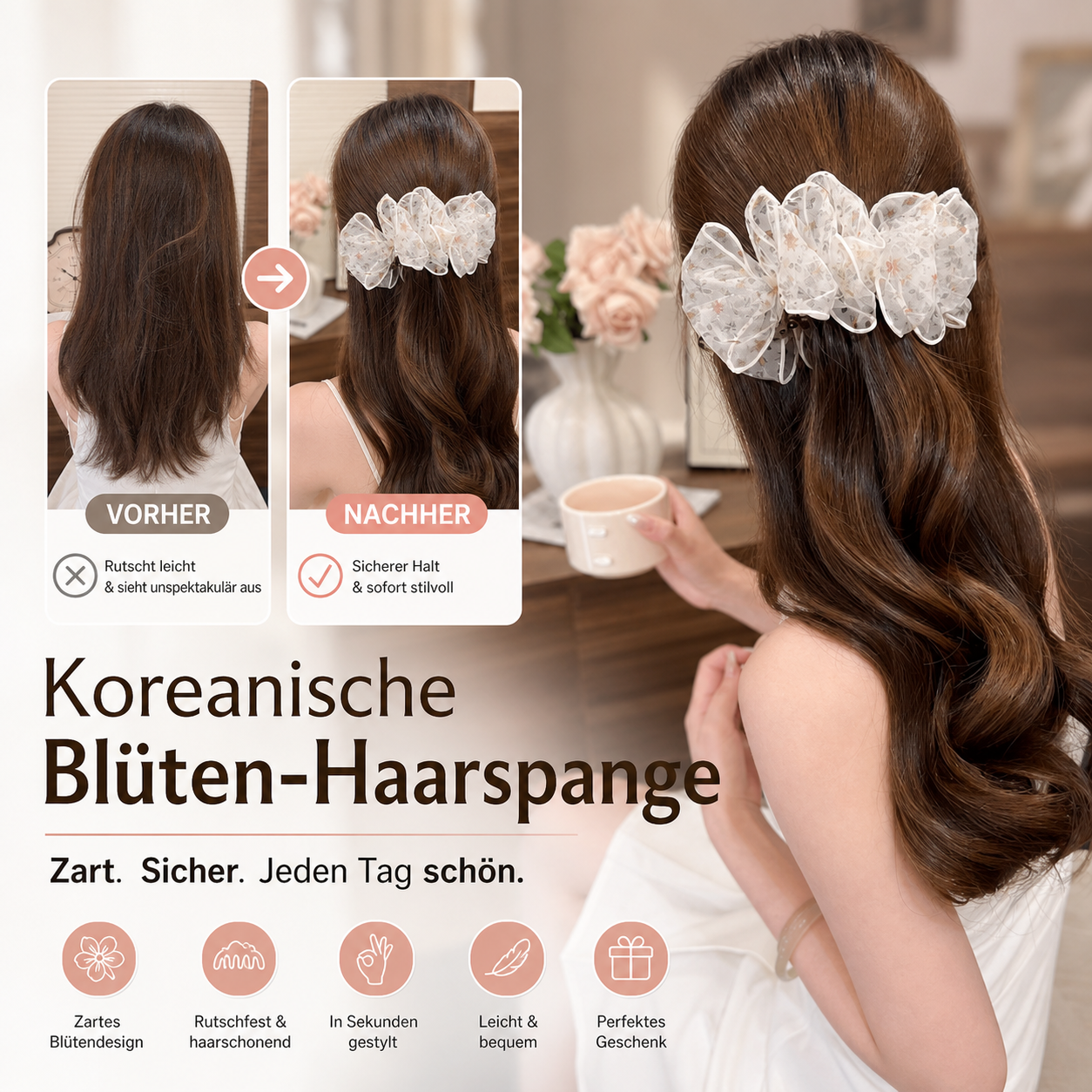 🌸 Koreanischer Banane-Haarclip mit Blumen-Tüll