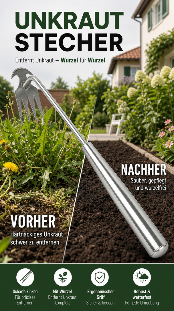 🌿🔨 Robuster Gartenhacken aus Edelstahl – Handgeführte Unkrautentfernung, ideal für Bodenlockerung und Wurzelentfernung
