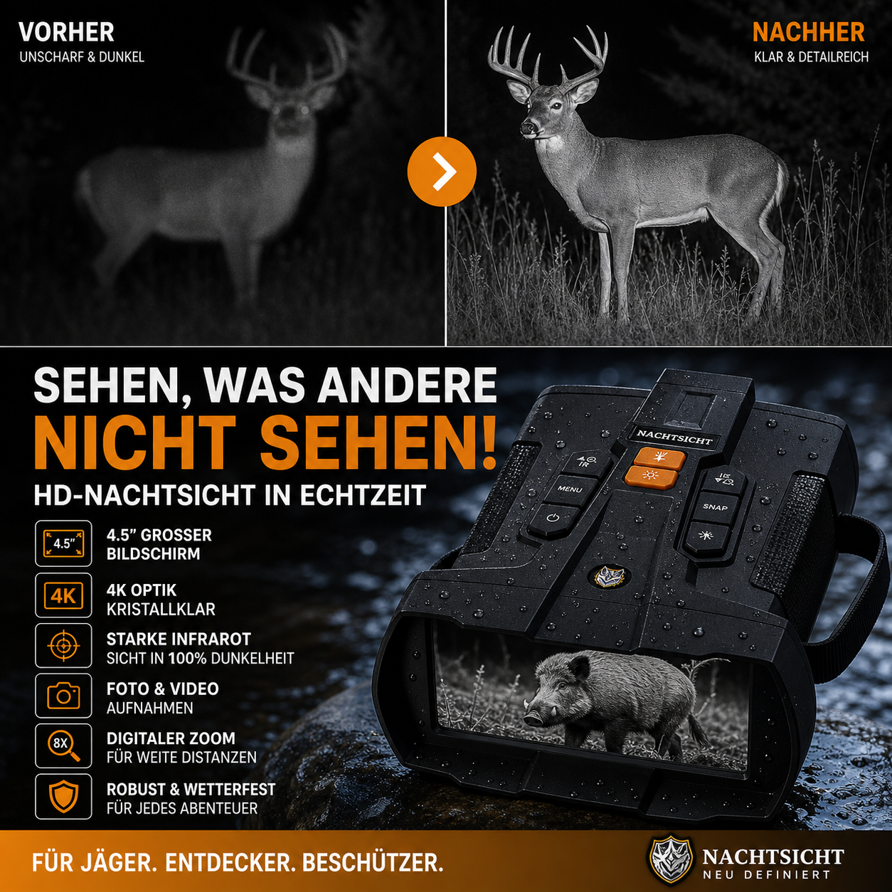 4.5‑Zoll‑Nachtsichtbrille mit 4K‑Ferrooptik