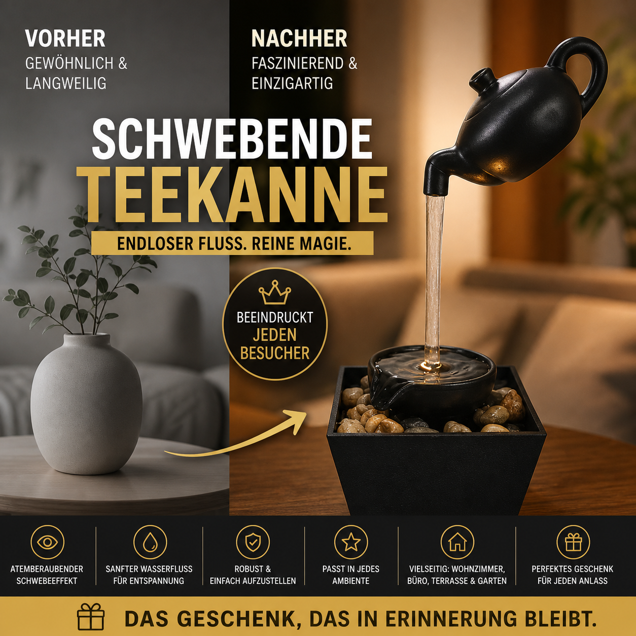 50% RABATT! Schwebende Illusions-Teekanne Wasserfontänen-Dekoration – Optische Täuschung, fließendes Wasser & beruhigendes Ambiente – Perfekt für Wohnzimmer, Garten & Büro 🌊