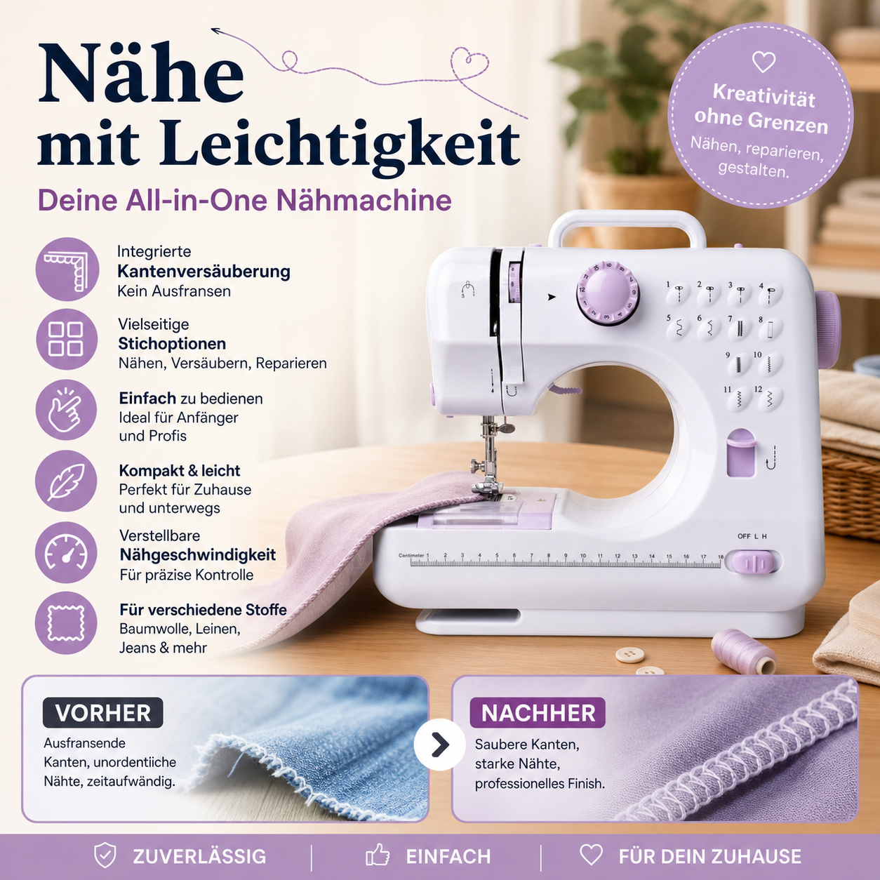 Multifunktionale Nähmaschine mit Overlock-Stich