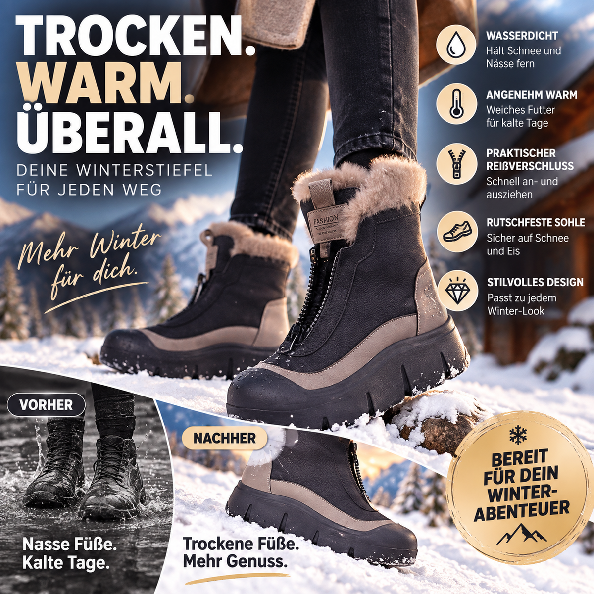 ✨Wasserdichte, warme Schneestiefel mit Reißverschluss für Damen