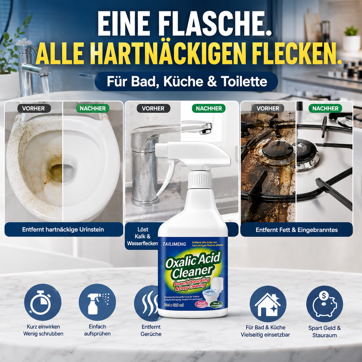 🛁 Multifunktions-Reinigungsspray gegen Urinstein, Kalk und Küchenfett