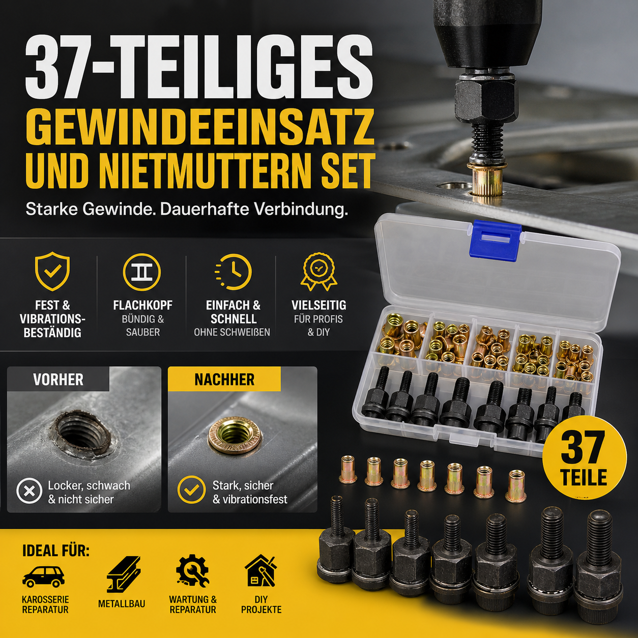 🔧Die Pakete werden zu Ihnen nach Hause geliefert!🎁Flachkopf-Gewindemutter Einnietmuttern-Satz