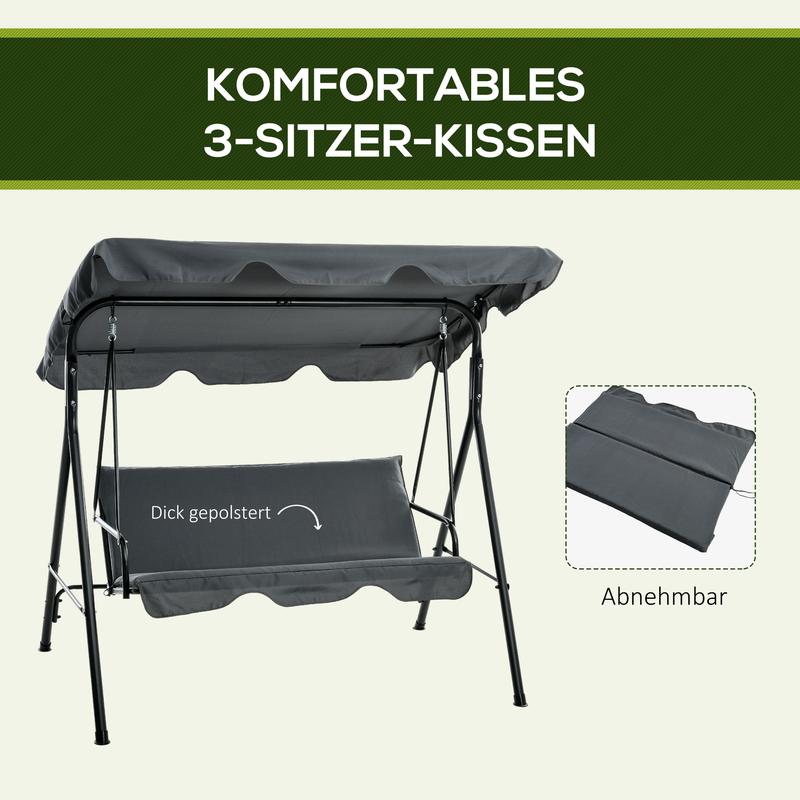 Outsunny Hollywoodschaukel mit Sitzpolster, 3-Sitzer Gartenschaukel mit verstellbarem Sonnendach, Schaukelbank belast bis 240 kg, für Garten, Terrasse, 172 x 110 x 153 cm