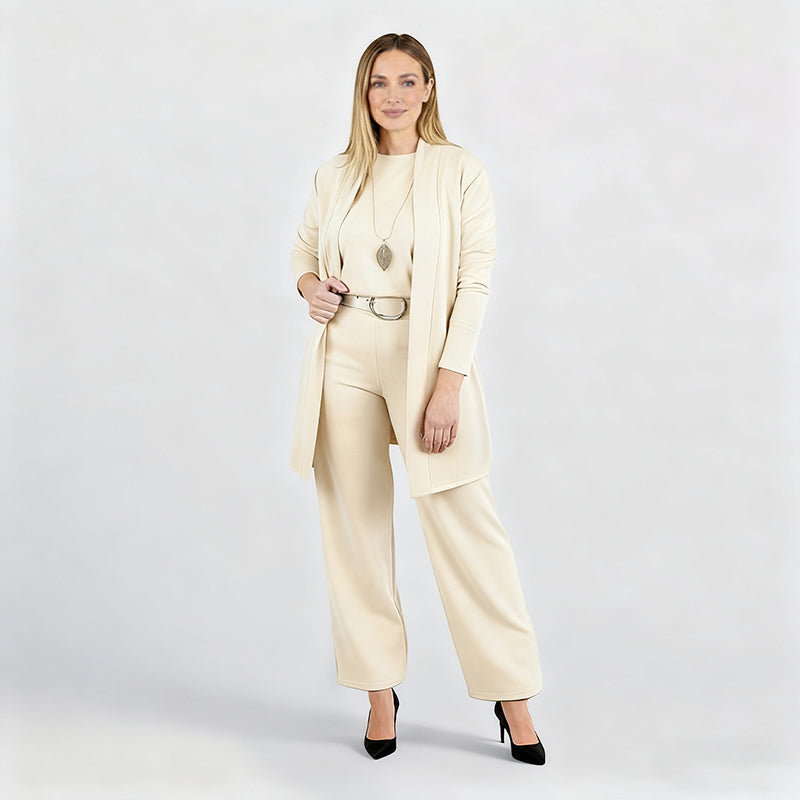 🍁60% RABATT! 🧥 3-teiliges Set: Longline-Cardigan, Top & Hose – Neu im Herbst/Winter – Kuschelig weich, Modischer Layer-Look & Perfekte Passform ✨