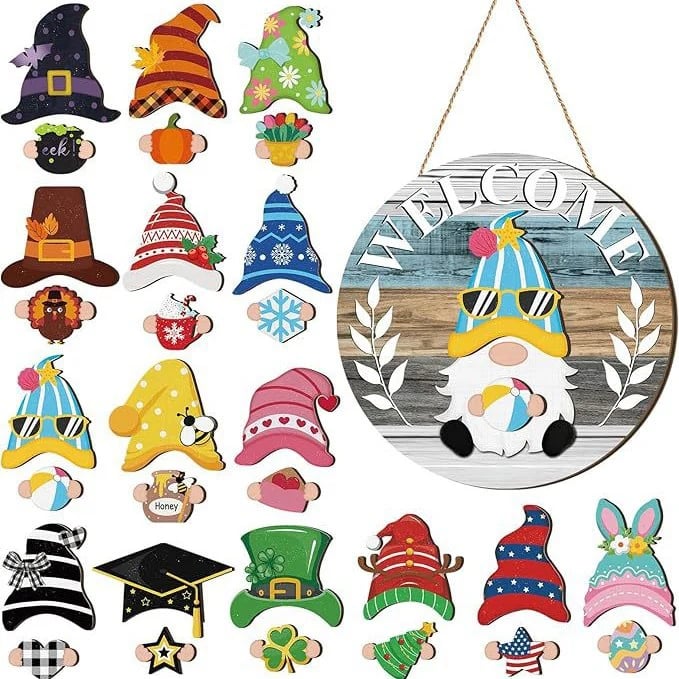 🍁Die schönsten Weihnachtsdekorationen🎄Austauschbares Willkommensschild mit Holzgartenzwerg🎈