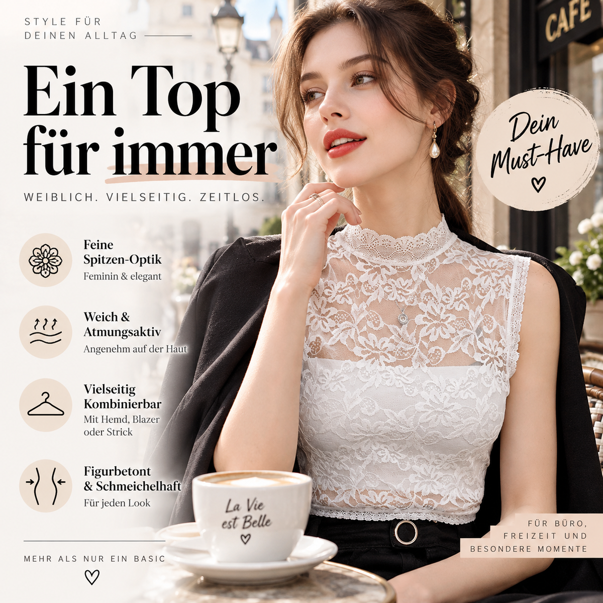 👚 Damen-Unterhemd aus Spitze mit Ajourmuster