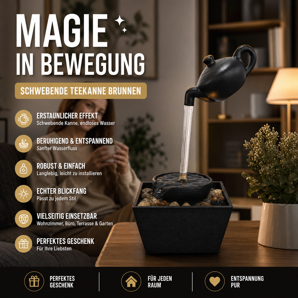 50% RABATT! Schwebende Illusions-Teekanne Wasserfontänen-Dekoration – Optische Täuschung, fließendes Wasser & beruhigendes Ambiente – Perfekt für Wohnzimmer, Garten & Büro 🌊