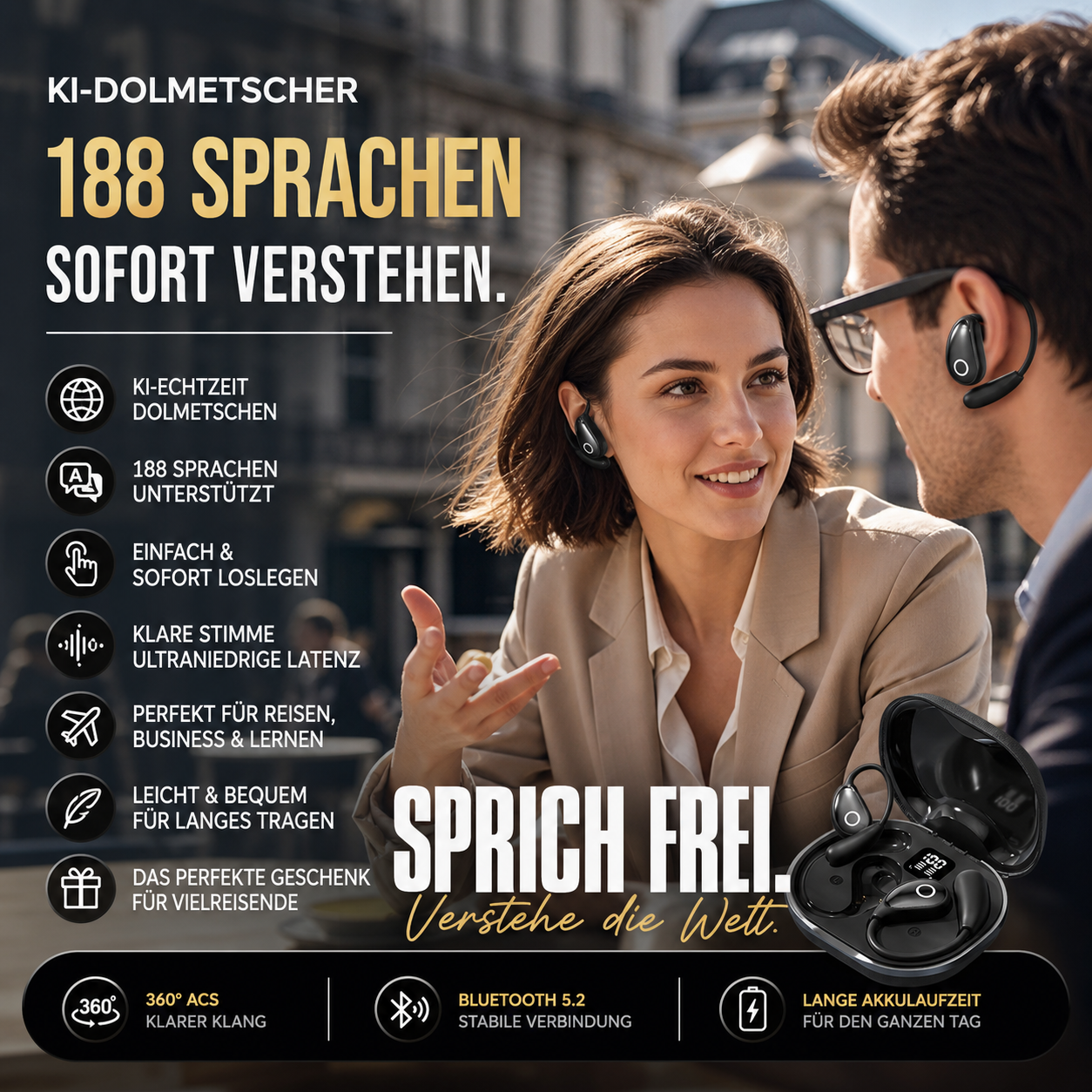 Bluetooth-Kopfhörer mit 188 Sprachen für die KI-Übersetzung