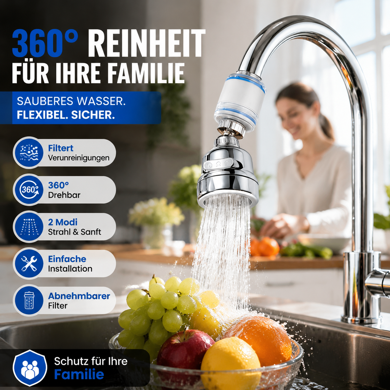 Um 360° drehbare Filterdüse für Wasserhähne