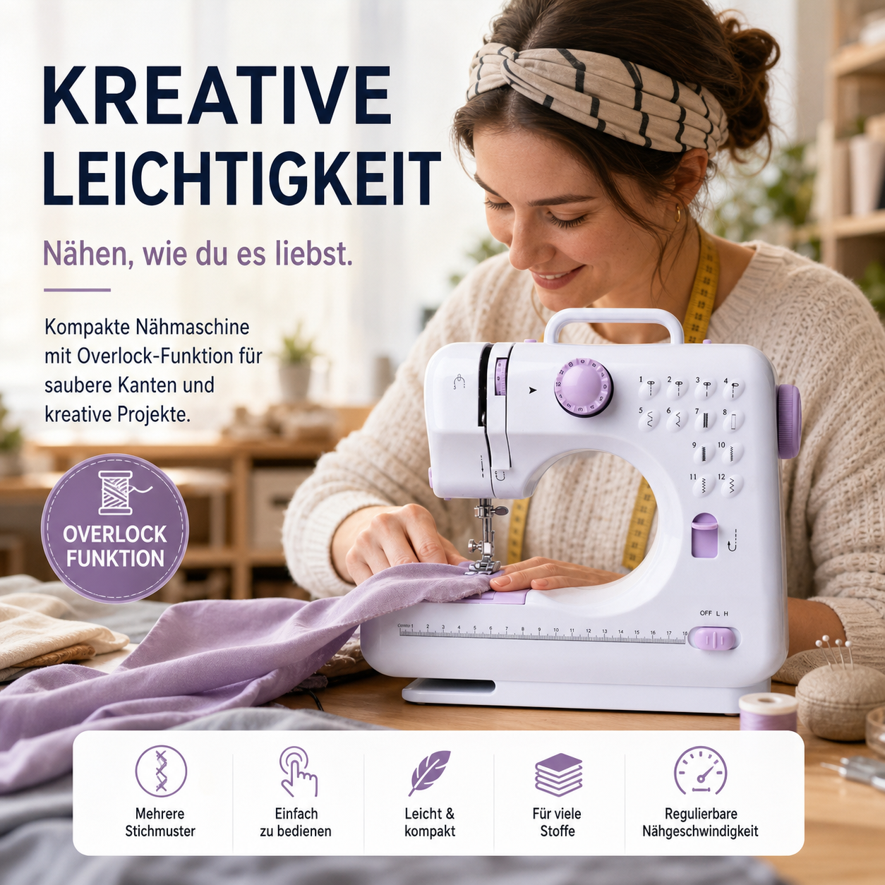 Multifunktionale Nähmaschine mit Overlock-Stich