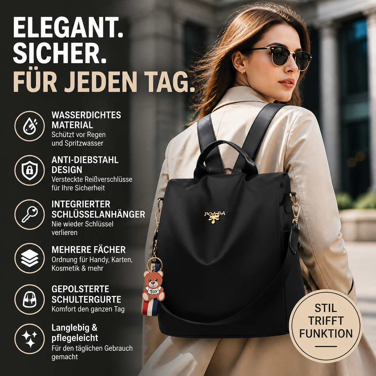 Wasserdichter Rucksack für Damen mit Schlüsselanhänger und Diebstahlschutz