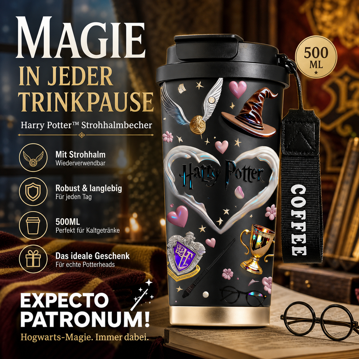 Harry-Potter-Magie – Patron-Glas mit Strohhalm