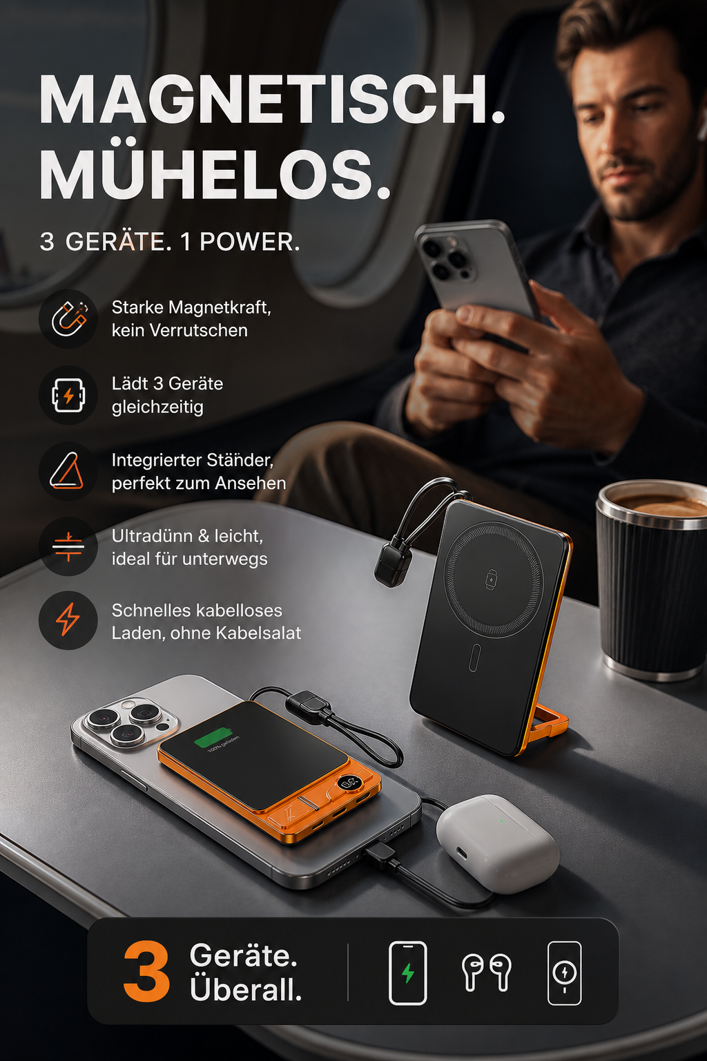 🔋 NUR FÜR BEGRENZTE ZEIT: 50 % RABATT! ✨ 3-in-1-Magnet-Ladegerät für unterwegs – kabellos, mit integriertem Ständer, schlank 🍃