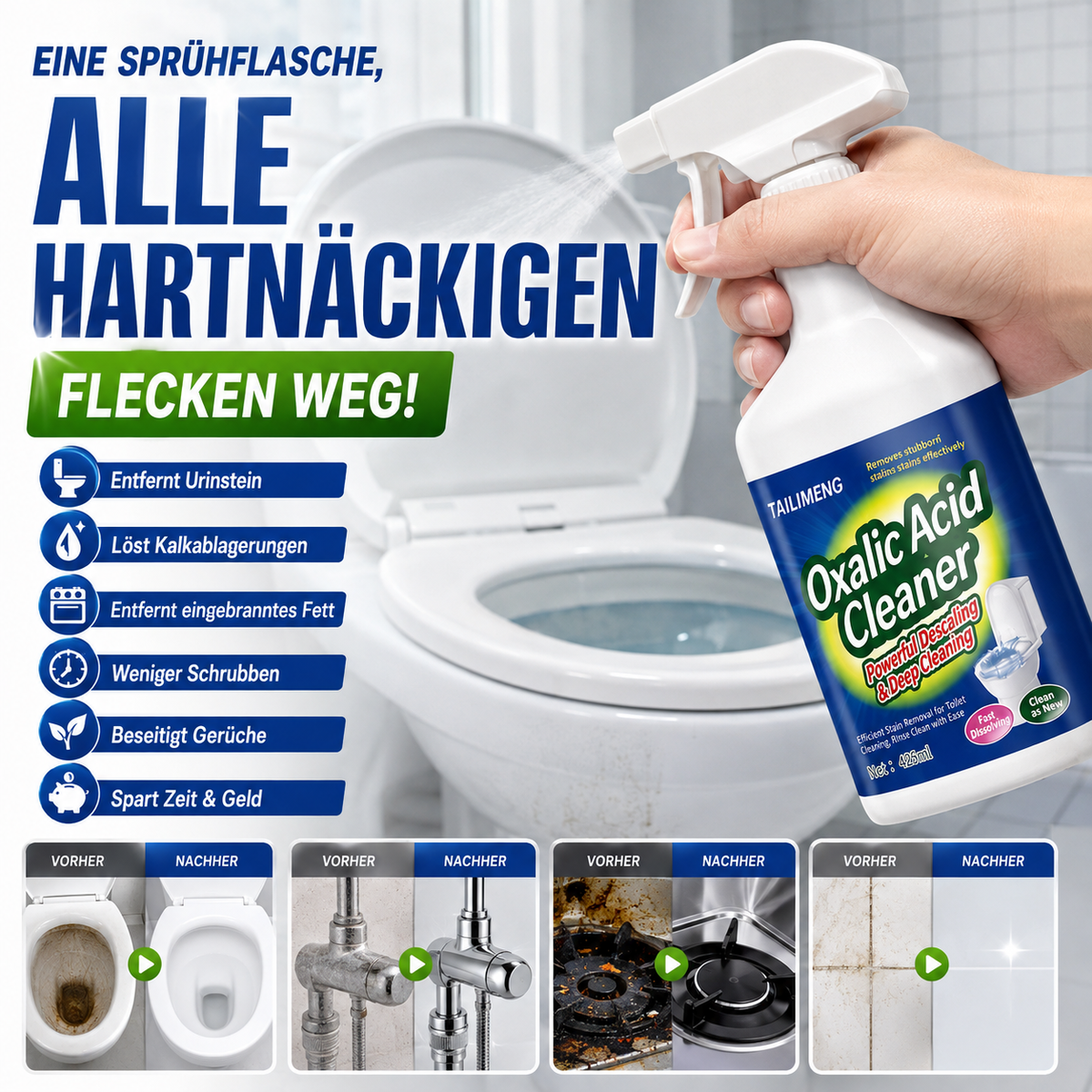 🛁 Multifunktions-Reinigungsspray gegen Urinstein, Kalk und Küchenfett