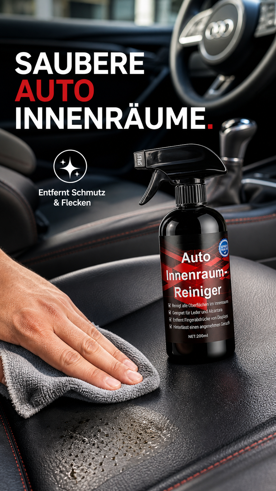 Universeller Innenraumreiniger für Autos – Spray für Polster, Kunststoff & Leder – entfernt Schmutz & Flecken – ideal für die regelmäßige Fahrzeugpflege