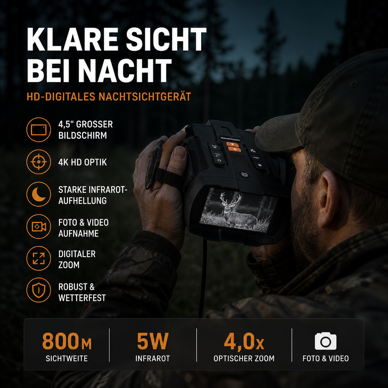 4.5‑Zoll‑Nachtsichtbrille mit 4K‑Ferrooptik