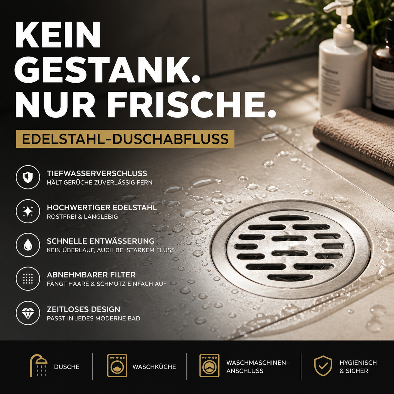 🔥Runder, geriebener Edelstahl-Abfluss mit Geruchsverschluss