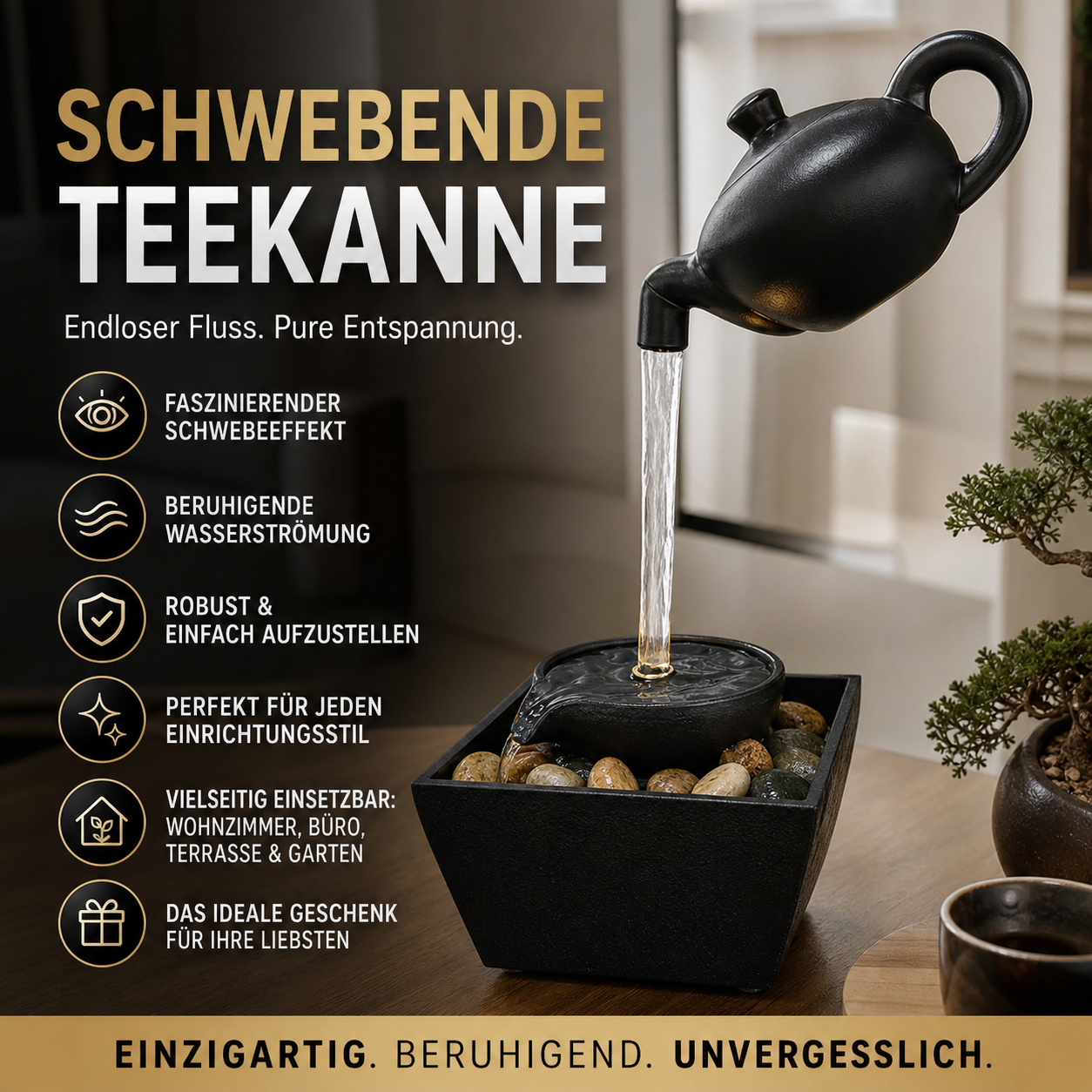50% RABATT! Schwebende Illusions-Teekanne Wasserfontänen-Dekoration – Optische Täuschung, fließendes Wasser & beruhigendes Ambiente – Perfekt für Wohnzimmer, Garten & Büro 🌊