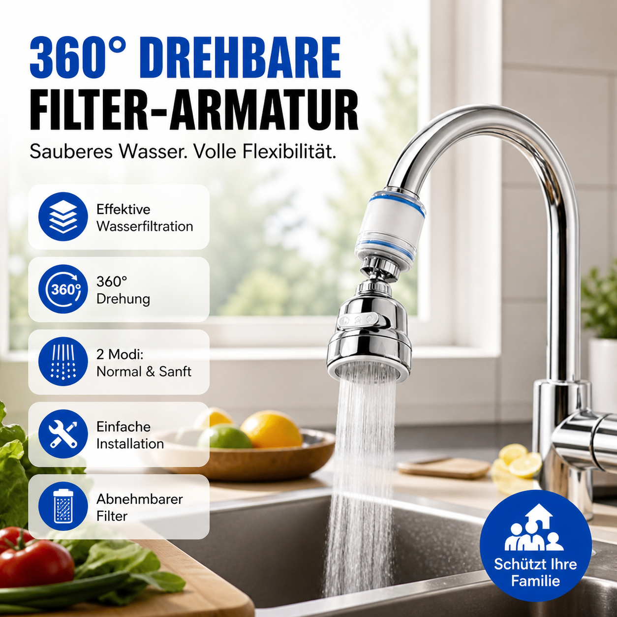 Um 360° drehbare Filterdüse für Wasserhähne