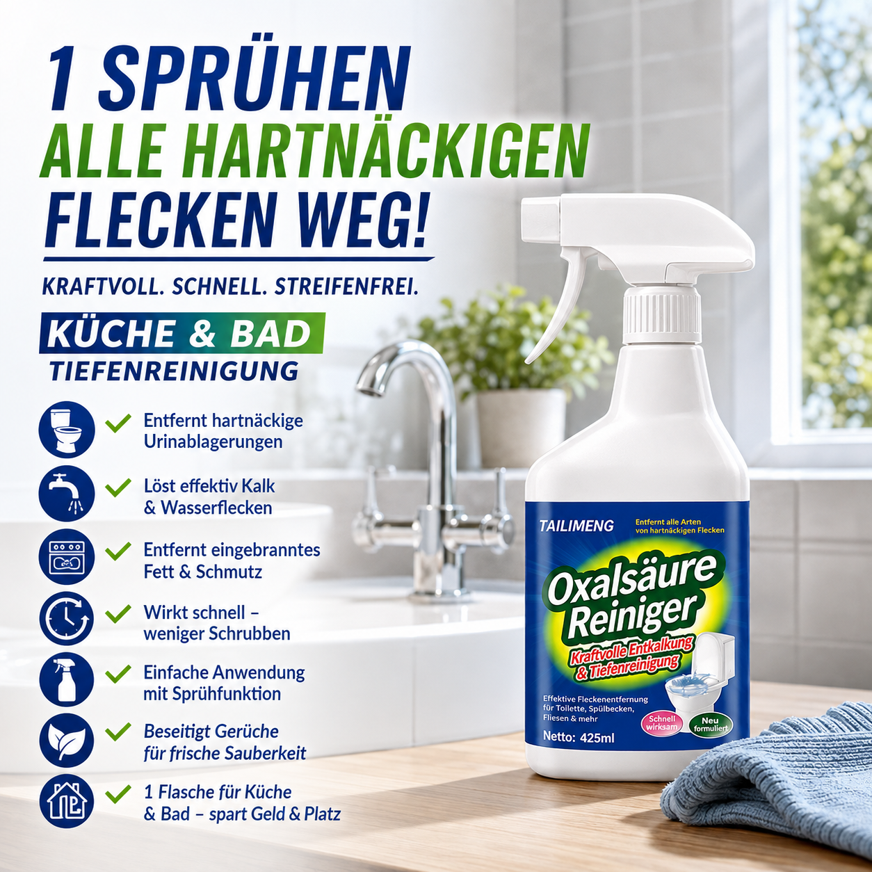 🛁 Multifunktions-Reinigungsspray gegen Urinstein, Kalk und Küchenfett