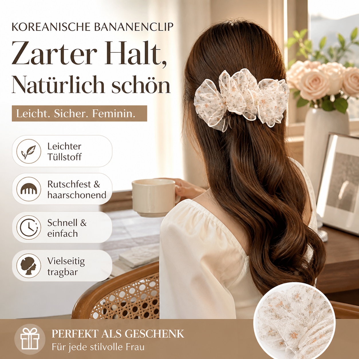 🌸 Koreanischer Banane-Haarclip mit Blumen-Tüll