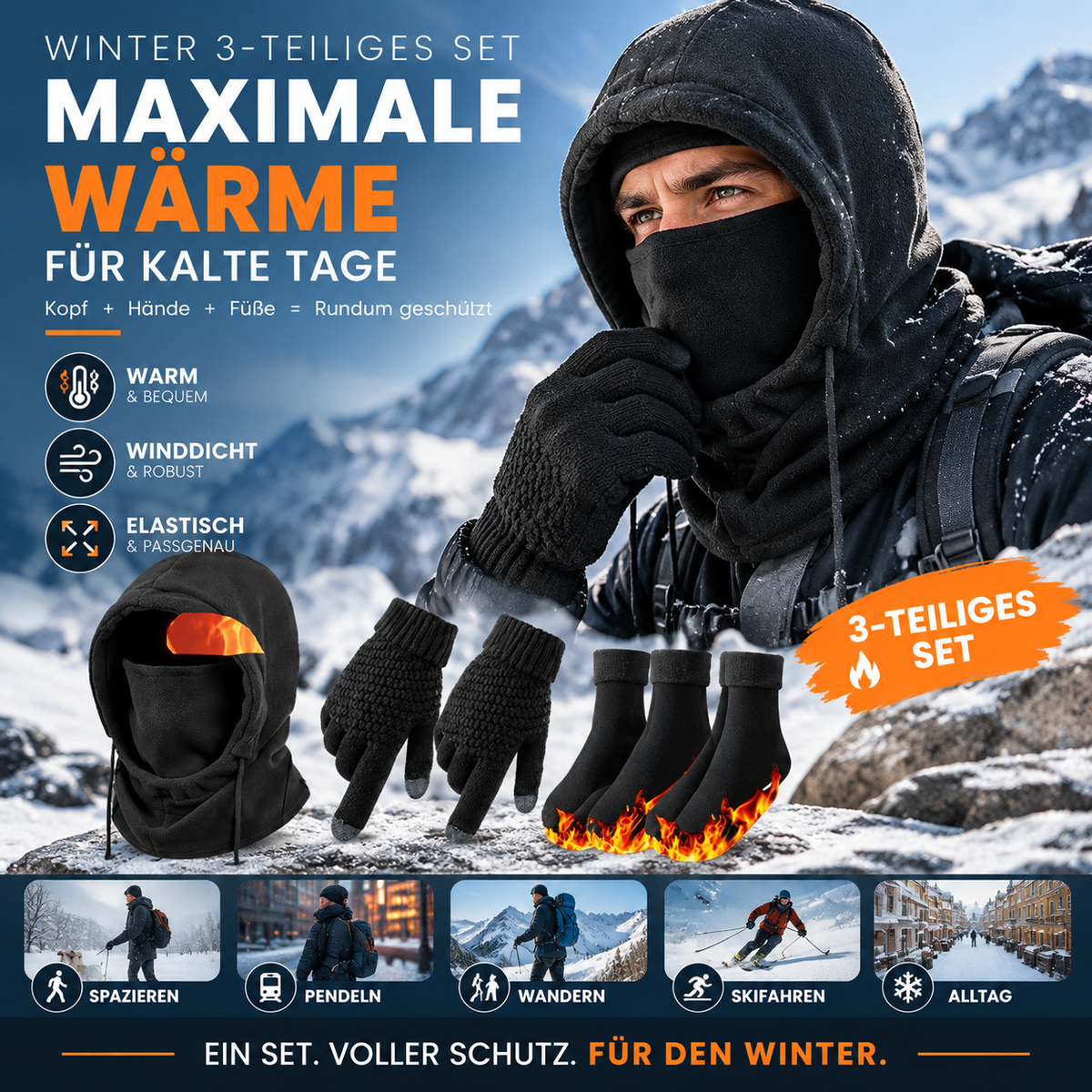 ❄️ 50% RABATT! ⏰❄️Halten Sie sich den ganzen Winter warm! 3‑Teil‑Set: Mütze + Handschuhe + Socken + Gesichtsmaske✨