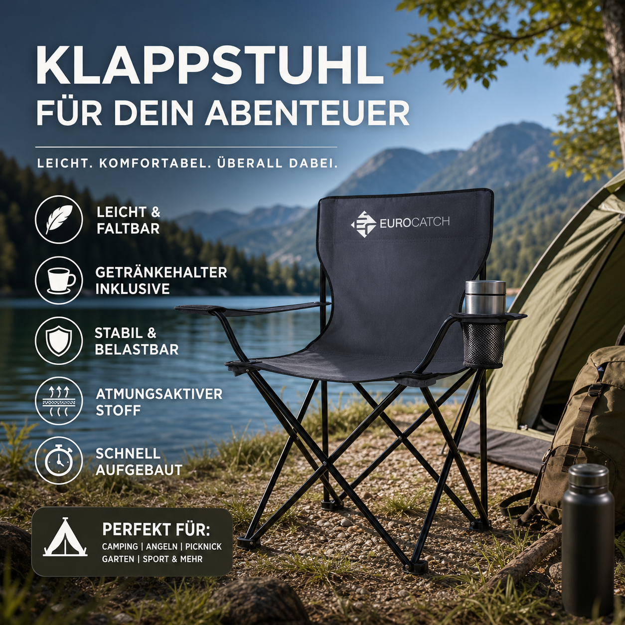 Tragbarer, zusammenklappbarer Campingstuhl mit Getränkehalter