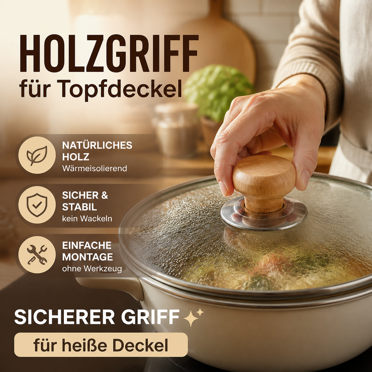 🍲 Massivholz Topfdeckelknauf