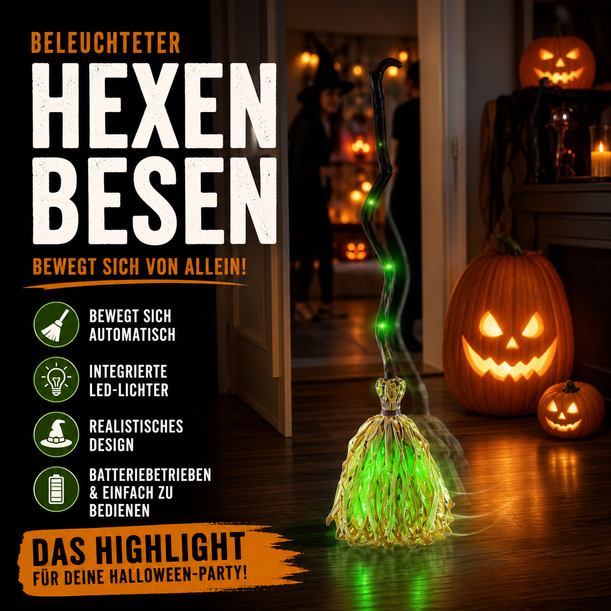 Elektrische Hexenbesen-Dekoration zu Halloween