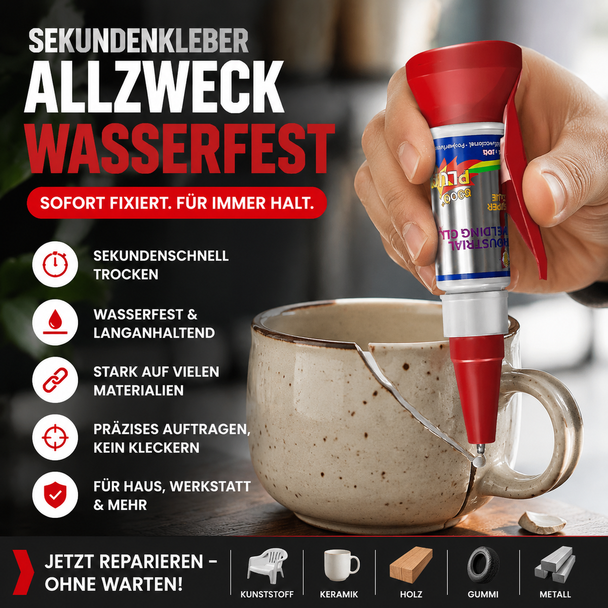 Wasserfester, schnell trocknender Allzweck-Sekundenkleber