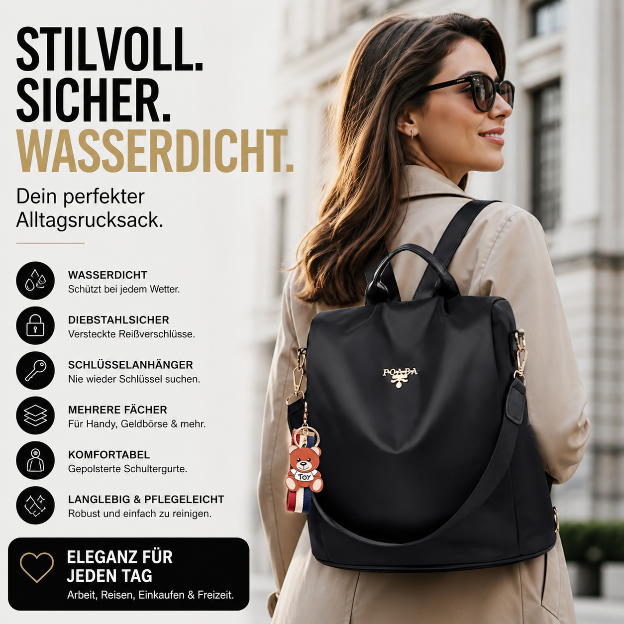 Wasserdichter Rucksack für Damen mit Schlüsselanhänger und Diebstahlschutz