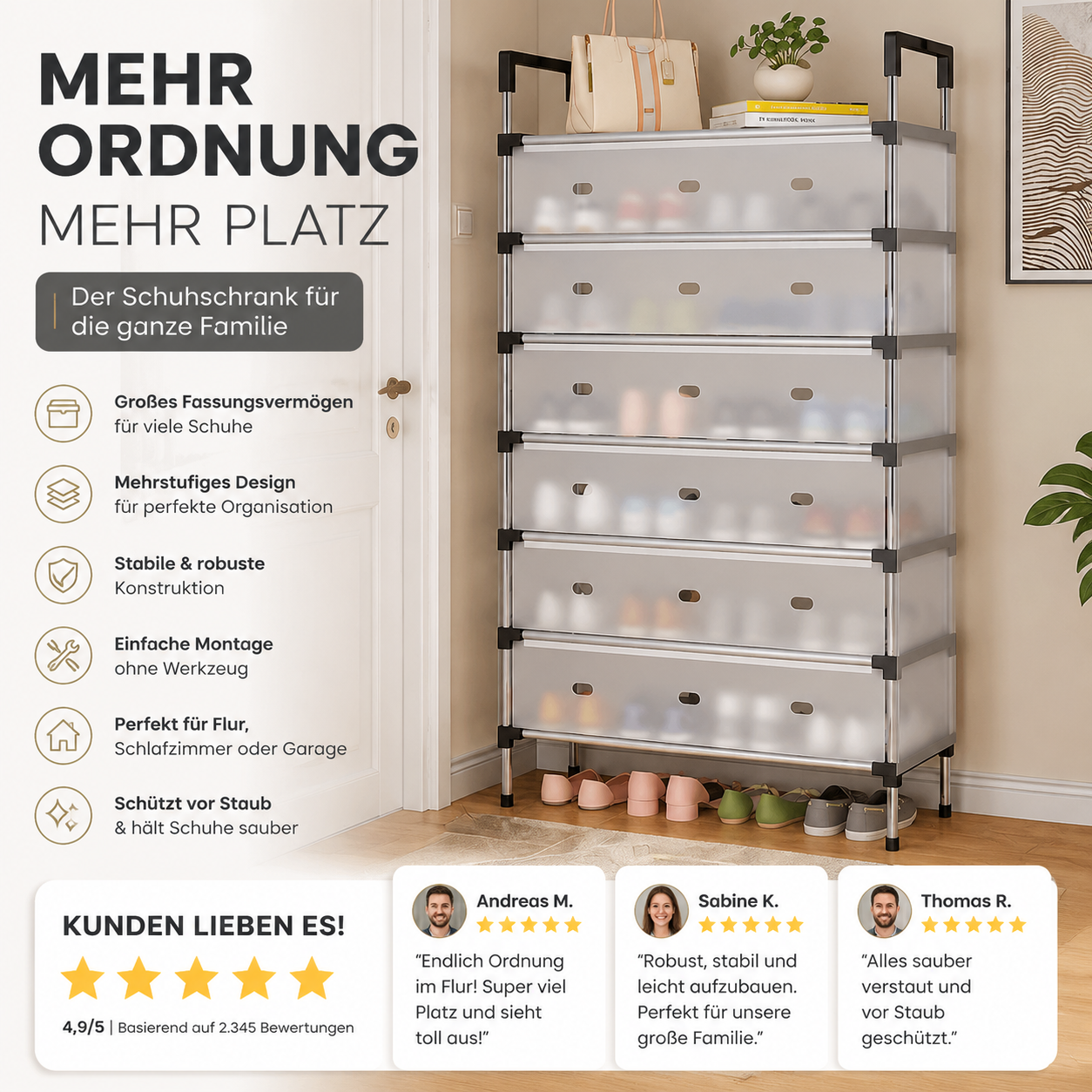 Schuhregal mit großem Fassungsvermögen und mehreren Ebenen