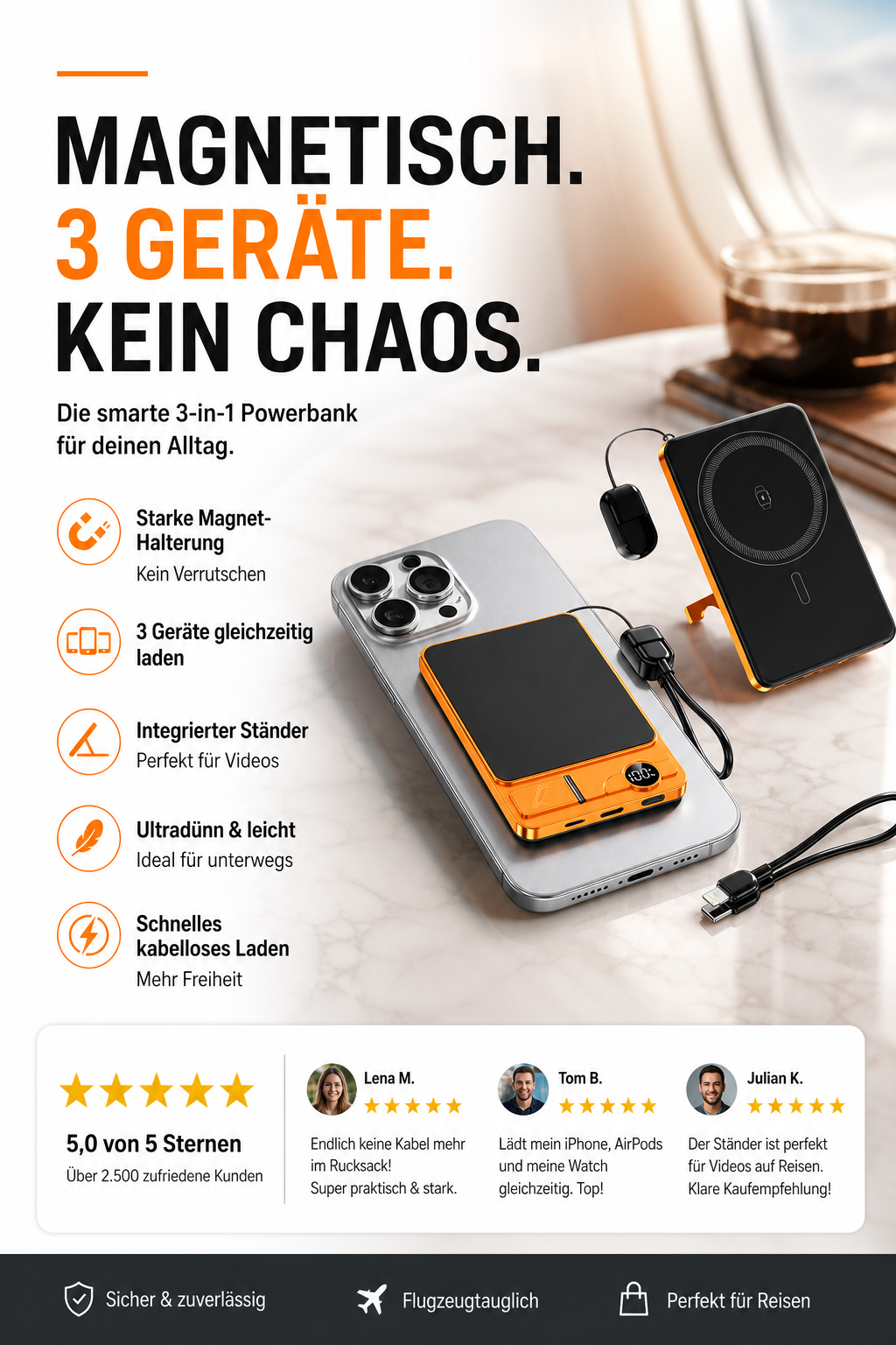 🔋 NUR FÜR BEGRENZTE ZEIT: 50 % RABATT! ✨ 3-in-1-Magnet-Ladegerät für unterwegs – kabellos, mit integriertem Ständer, schlank 🍃