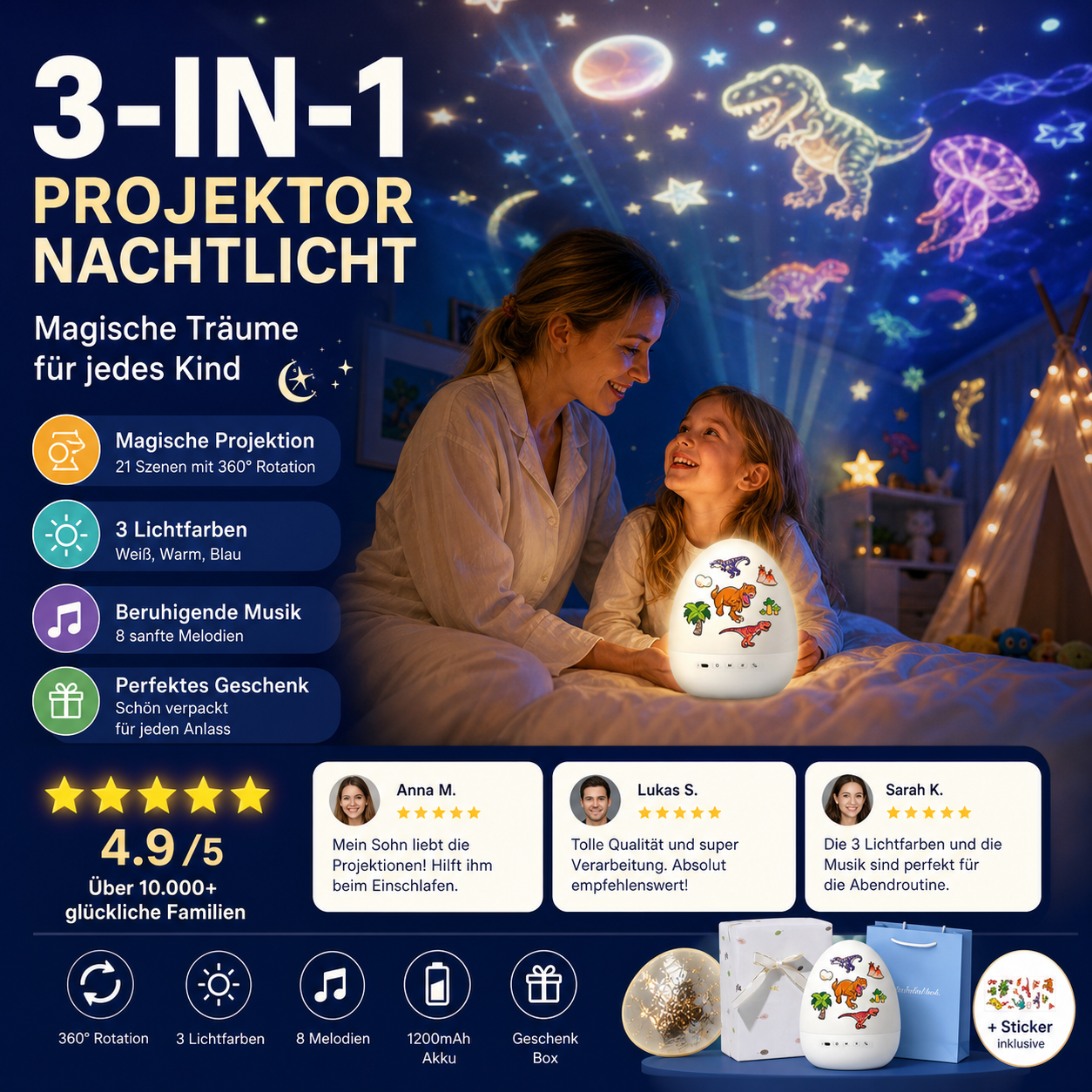 🔥 Heute -50 %! 🦕🦕🥚 Dino-Ei-Nachtlicht-Projektor mit Musik – Timer, 360° drehbar – magisches Kinderzimmer! ✨